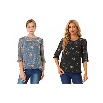 2 Packs Women's Casual Ruffle 3/4 Sleeve Floral Print Chiffon Blouse