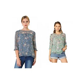 2 Packs Women's Casual Ruffle 3/4 Sleeve Floral Print Chiffon Blouse