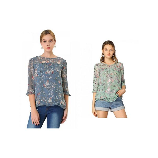 Charter Club Womens Floral Double Ruffle Blouse Blue Size X Large