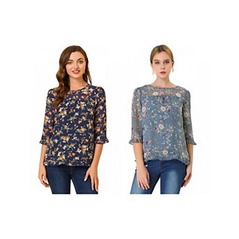 2 Packs Women's Casual Ruffle 3/4 Sleeve Floral Print Chiffon Blouse