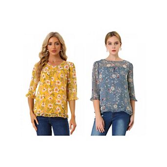 2 Packs Women's Casual Ruffle 3/4 Sleeve Floral Print Chiffon Blouse