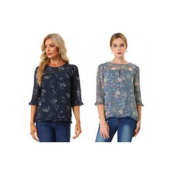 2 Packs Women's Casual Ruffle 3/4 Sleeve Floral Print Chiffon Blouse
