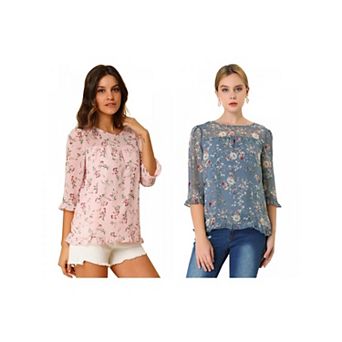 2 Packs Women's Casual Ruffle 3/4 Sleeve Floral Print Chiffon Blouse