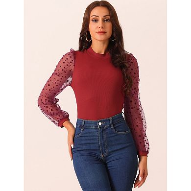 Women's Bodysuit Mock Neck Polka Dot Mesh Sheer Long Sleeve Slim Fit Ribbed Bodysuits