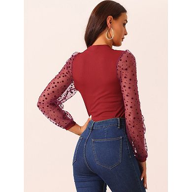 Women's Bodysuit Mock Neck Polka Dot Mesh Sheer Long Sleeve Slim Fit Ribbed Bodysuits