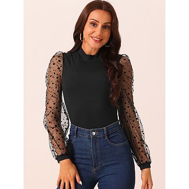 Women's Bodysuit Mock Neck Polka Dot Mesh Sheer Long Sleeve Slim Fit Ribbed Bodysuits
