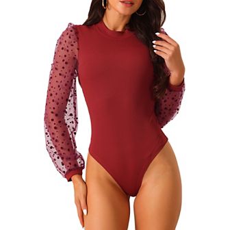 Women's Bodysuit Mock Neck Polka Dot Mesh Sheer Long Sleeve Slim Fit Ribbed Bodysuits