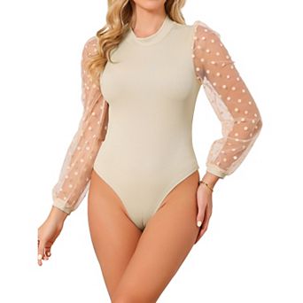 Women's Bodysuit Mock Neck Polka Dot Mesh Sheer Long Sleeve Slim Fit Ribbed Bodysuits