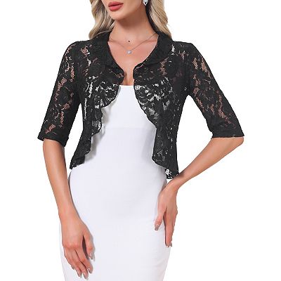 Lace Sheer 3/4 Sleeve Ruffle Hem Open Front Bolero Shrug, Black / XL
