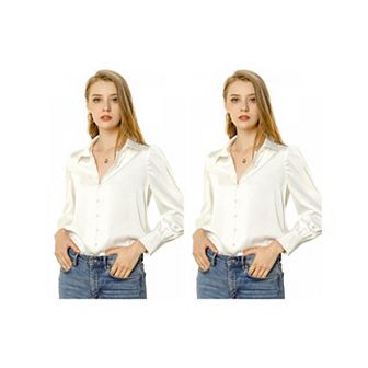 2 Packs Women's Work Point Collar Long Sleeve Button Satin Shirt