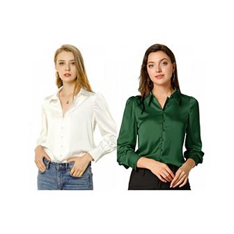 2 Packs Women's Work Point Collar Long Sleeve Button Satin Shirt