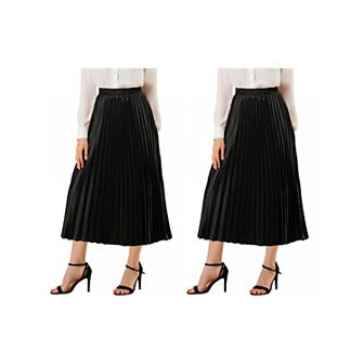 2 Packs Women's Elastic Waist Metallic Shiny Accordion Pleated Midi Skirt