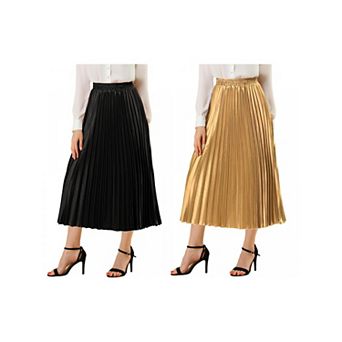 2 Packs Women's Elastic Waist Metallic Shiny Accordion Pleated Midi Skirt