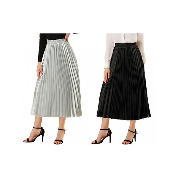 【新品タグ付】Side accordion line pleated skirt 2 Packs Women's Elastic Waist Metallic Shiny Accordion Pleated