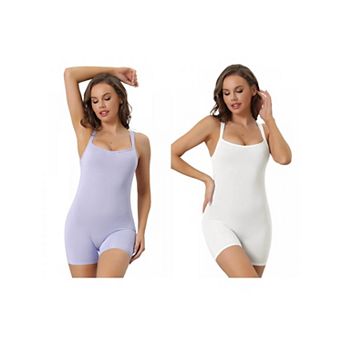 2 Packs Women's Square Neck Tummy Control Bodysuits Bodycon Rompers Tank Top Shorts Jumpsuit