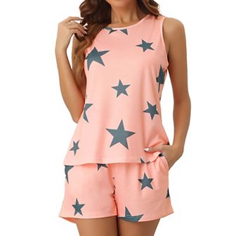 Womens Cotton Pajamas 2 pc Set Sleeveless Tank Shorts Star Print Casual Pjs Loungewear
