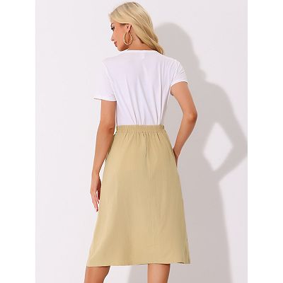 Midi Skirts For Women Casual High Elastic Waist Button Pleated A Line Skirts Dress With Pockets