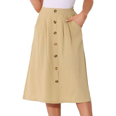 Midi Skirts For Women Casual High Elastic Waist Button Pleated A Line Skirts Dress With Pockets