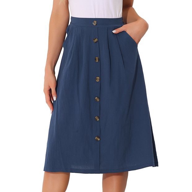 Button Decor Pleated A Line Pockets Midi Skirt Navy Blue L