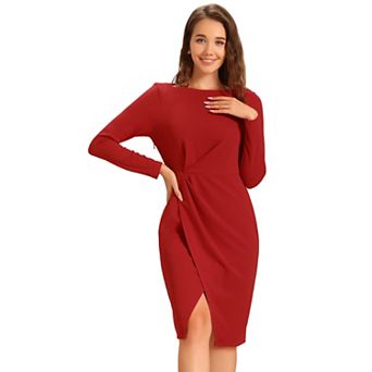 Boat Neck Dress for Women's Long Sleeves Ruched Wear to Work Split Sheath Dress