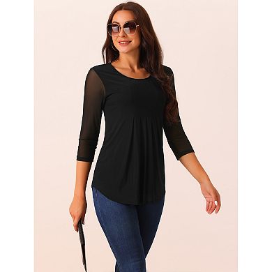 Women's Crewneck 3/4 Sleeve Pleated Blouses Casual Knit Shirts Tunic Tops