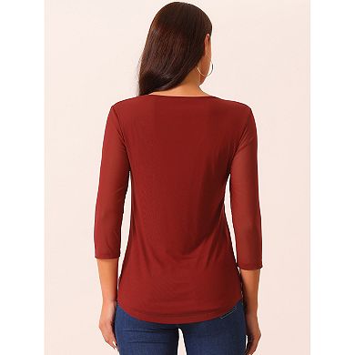 Women's Crewneck 3/4 Sleeve Pleated Blouses Casual Knit Shirts Tunic Tops