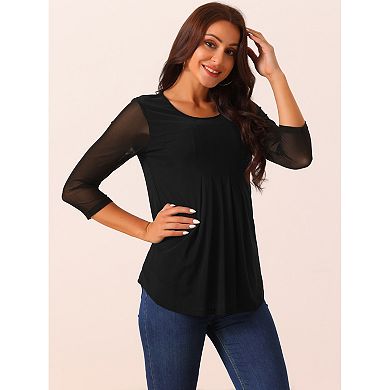Women's Crewneck 3/4 Sleeve Pleated Blouses Casual Knit Shirts Tunic Tops