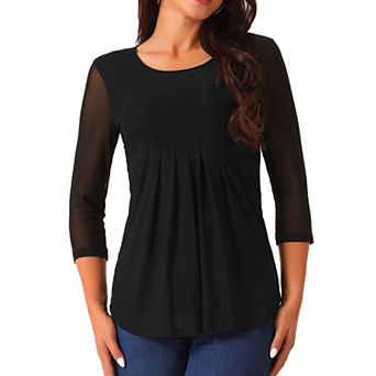 Women's Crewneck 3/4 Sleeve Pleated Blouses Casual Knit Shirts Tunic Tops