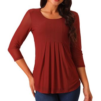 Women's Crewneck 3/4 Sleeve Pleated Blouses Casual Knit Shirts Tunic Tops