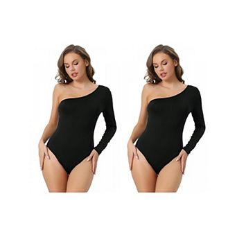 2 Packs Women's One Piece Bodysuit One Shoulder Stretchy Long Sleeve Bodycon Leotard Jumpsuit