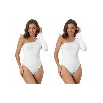 2 Packs Women's One Piece Bodysuit One Shoulder Stretchy Long Sleeve Bodycon Leotard Jumpsuit