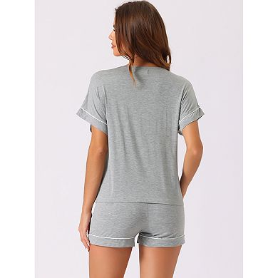 Women's Summer Pajama Two Piece Set Button Short Sleeve Shorts Modal Loungewear