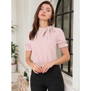 2 Packs Women's Bow Tie Neck Tops Elegant Office Short Sleeve Blouse