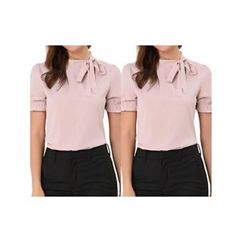 2 Packs Women's Bow Tie Neck Tops Elegant Office Short Sleeve Blouse