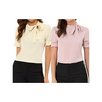 2 Packs Women's Bow Tie Neck Tops Elegant Office Short Sleeve Blouse