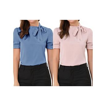 2 Packs Women's Bow Tie Neck Tops Elegant Office Short Sleeve Blouse