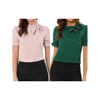 2 Packs Women's Bow Tie Neck Tops Elegant Office Short Sleeve Blouse