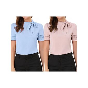 2 Packs Women's Bow Tie Neck Tops Elegant Office Short Sleeve Blouse