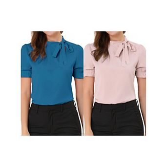 2 Packs Women's Bow Tie Neck Tops Elegant Office Short Sleeve Blouse