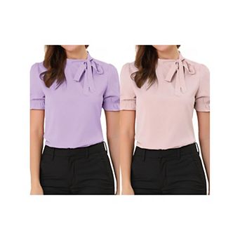 2 Packs Women's Bow Tie Neck Tops Elegant Office Short Sleeve Blouse