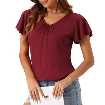 Womens Sleep Shirt T Shirt Short Sleeve Soft Knit V Neck Ruffled Pajama Tops