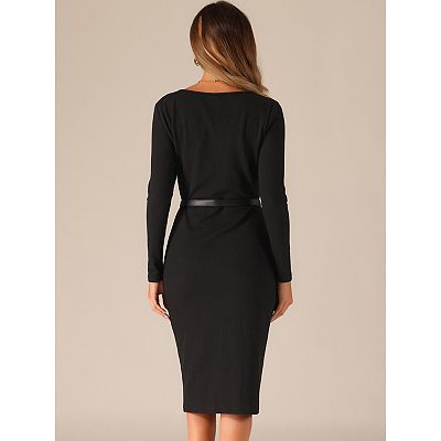 Square Neck Belted Bodycon Stretch Ribbed Long Sleeve Midi Sweater Dress, Pink Gray / XL