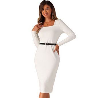 Sweater Dresses For Women's Square Neck Belt Bodycon Stretch Ribbed Long Sleeve Long Dress