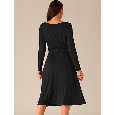Women's Crewneck Long Sleeve High Waist Midi Swing Dress With Pockets