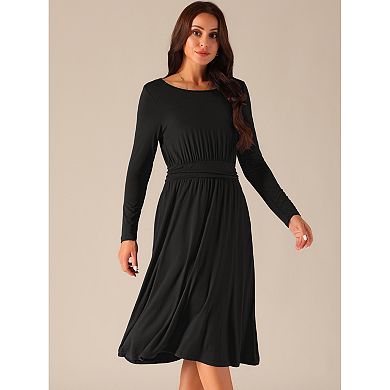 Women's Crewneck Long Sleeve High Waist Midi Swing Dress With Pockets