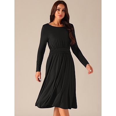midi swing dress with sleeves Ecirod Women Fall Winter Casual Semi Formal Midi Dress Scoop Neck Flowy Swing  Dresses with Pockets Black at Amazon Women's Clothing store