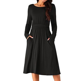 Women's Crewneck Long Sleeve High Waist Midi Swing Dress With Pockets