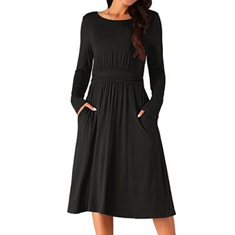 Women's Crewneck Long Sleeve High Waist Midi Swing Dress With Pockets