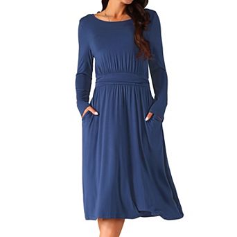 Women's Crewneck Long Sleeve High Waist Midi Swing Dress With Pockets