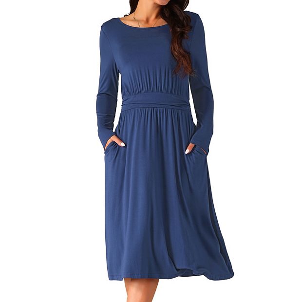 knee length dresses for ladies Mid-Calf 3/4 Sleeve Swing Dress with Pockets Cobalt / XX-Large main image 0